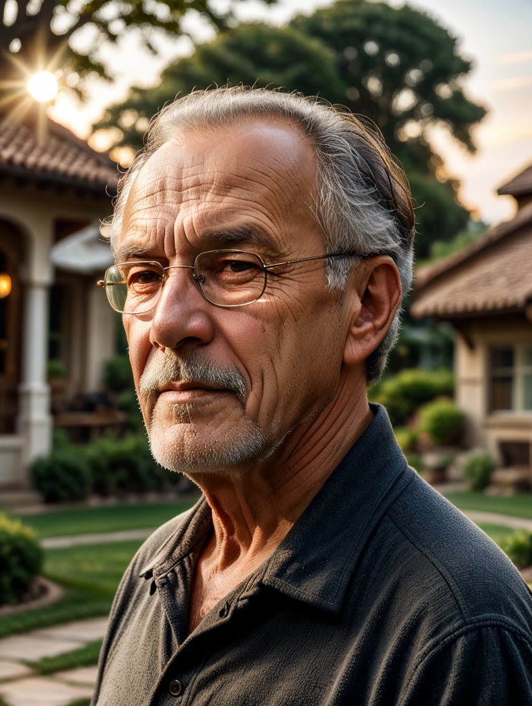 an old man, tired, satisfied, outside in the front yard, (village background:1.2), intricate, rim lighting, dimlight