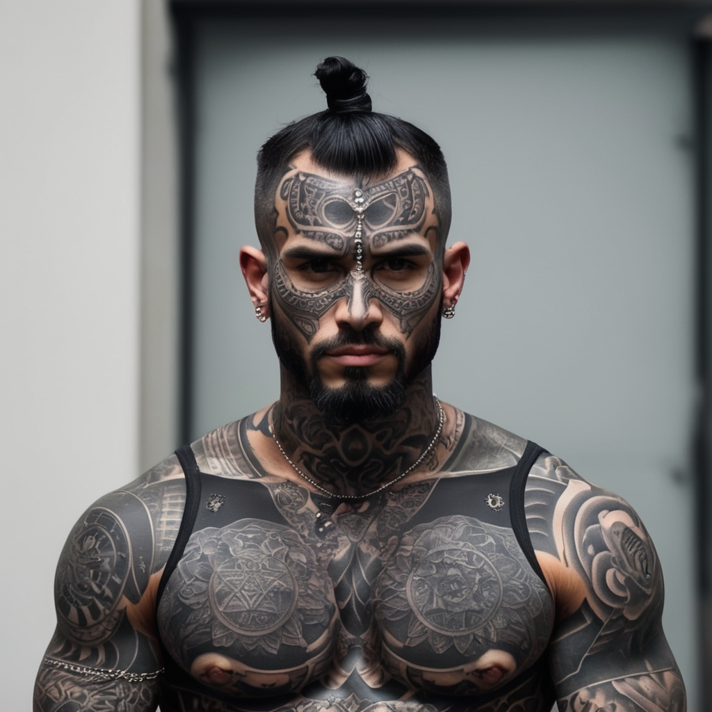 full body blackout tattoo man head face no untattooed skin face and body modifactions extreme piercings extreme tattoos