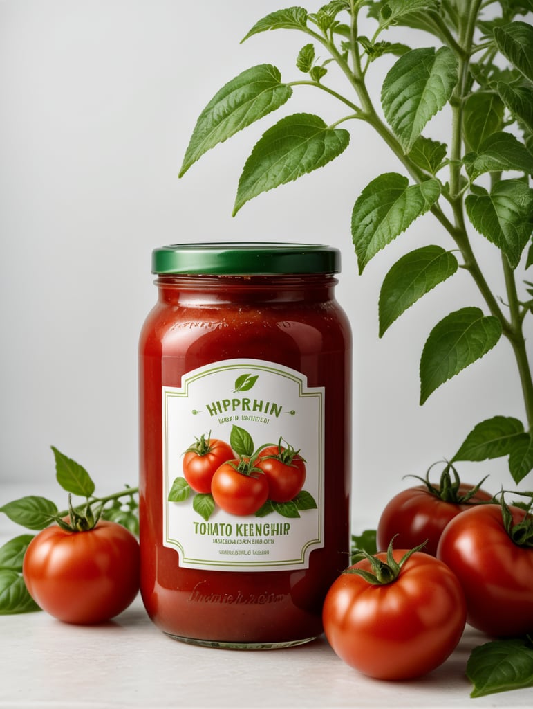 tomato ketchup jar, red tomato with green leaves, isolated, white background, mockup