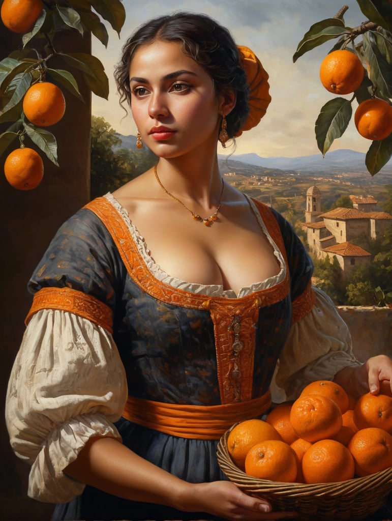 Oil painting on canvas. Portrait of a young, dark and beautiful Italian girl growing oranges from Sicily in 17th century Italian folk peasant clothing with a plunging neckline and full breasts, dramatic lighting, depth of field, orange trees in the background. Oranges should have a beautiful, even structure. Incredibly high detail holding fresh oranges in hand