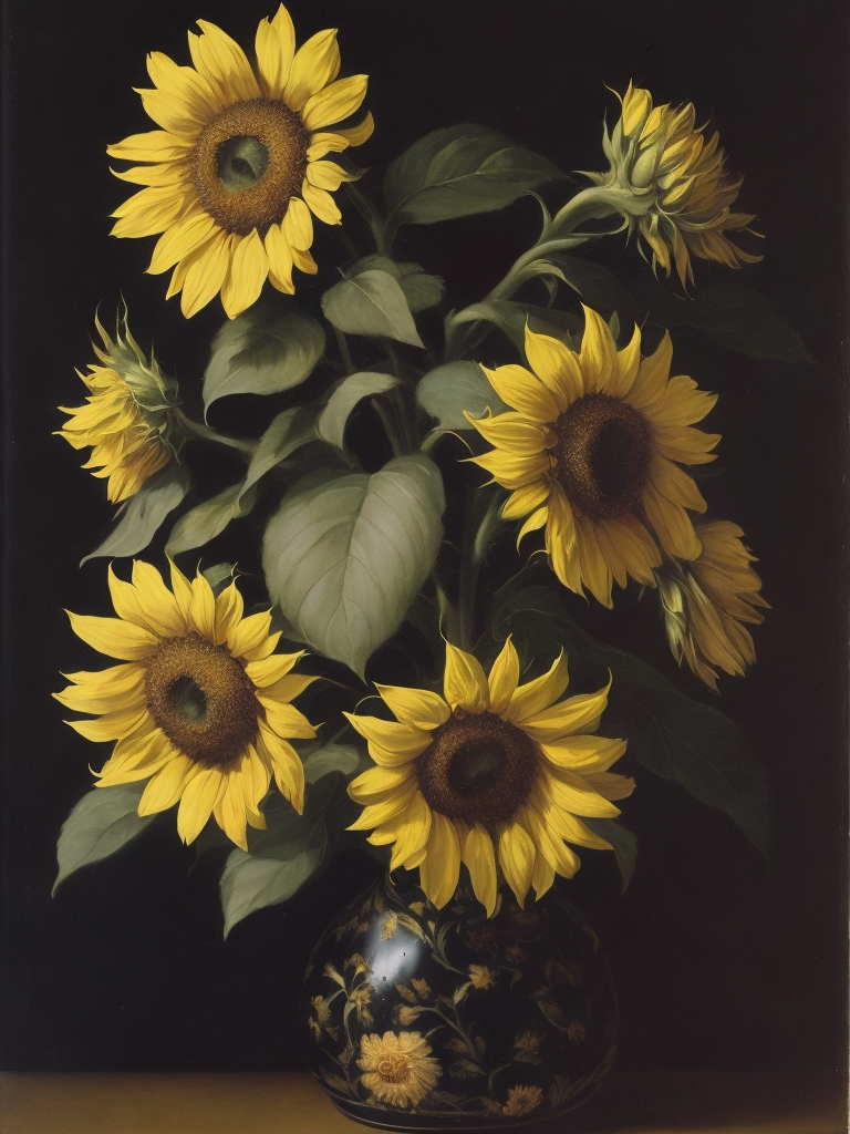 Sunflowers, moody, oil painting, by Willem van Aelst