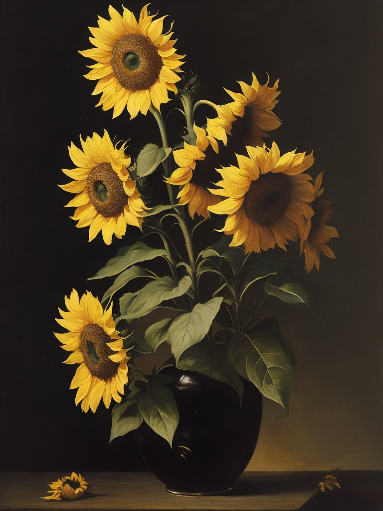 Sunflowers, moody, oil painting, by Willem van Aelst