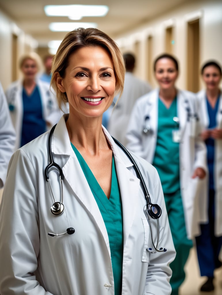 a 40-year-old female doctor, happily married, with an aged face, in a dirty white coat, unmotivated, working night shifts in a crowded hospital corridor, with many patients and nurses along the corridor