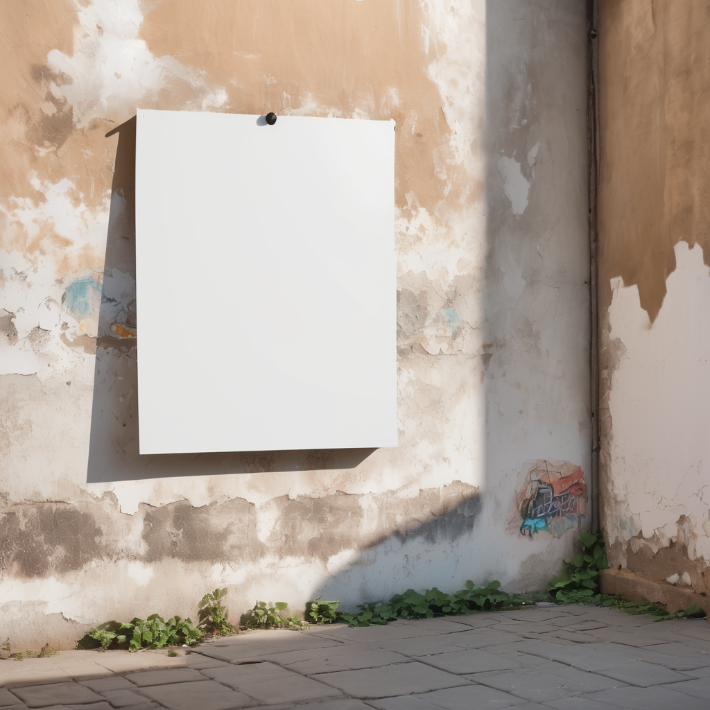 a white blank poster hangs on an old shabby wall with graffiti, the corner of the poster is bent, people are blurred, daylight, mockup, mock up