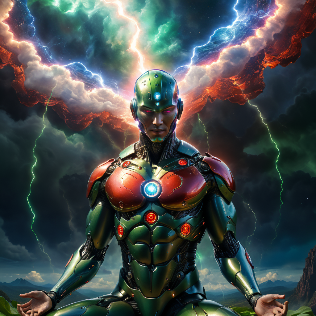 a cyborg write aura baldness being in lotus position air floating sky in to cosmos space green red blue lightning