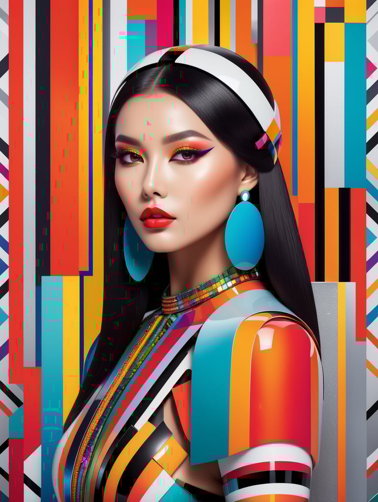 A beautiful female multicoloured pop sleek futuristic with huge headpiece center piece, clean makeup, with depth of field, captured in vivid colors, minimalist posterstyle