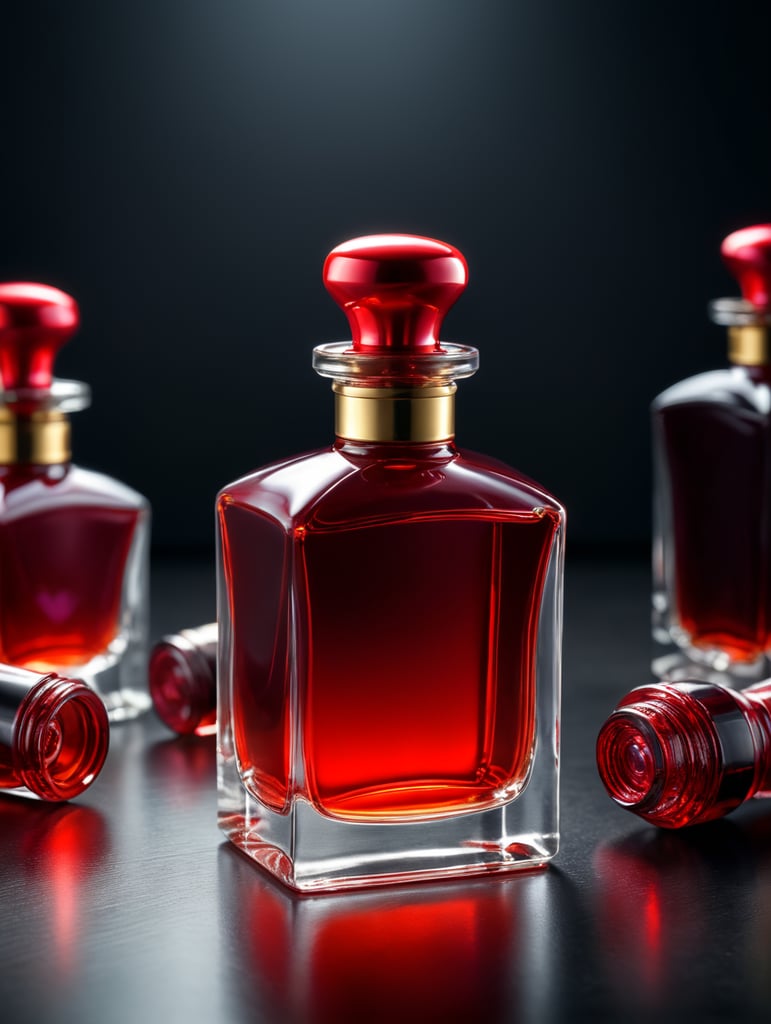 Mockup shot of a plain perfume red bottle in a studio backdrop background, professionally color graded, award-winning image