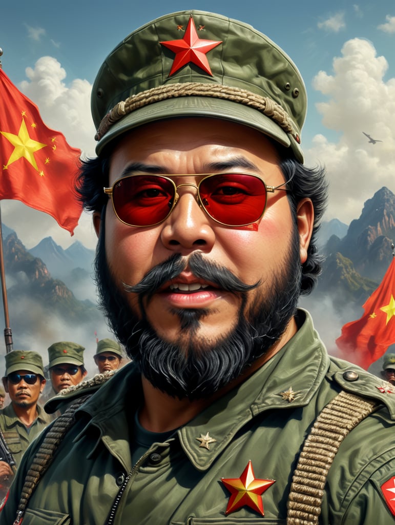 Che guevarra Chubby version with chinese soldier hat with red star pin,big hairy beard wear sun glasses square, with army jacket from vietnam wars background red flag