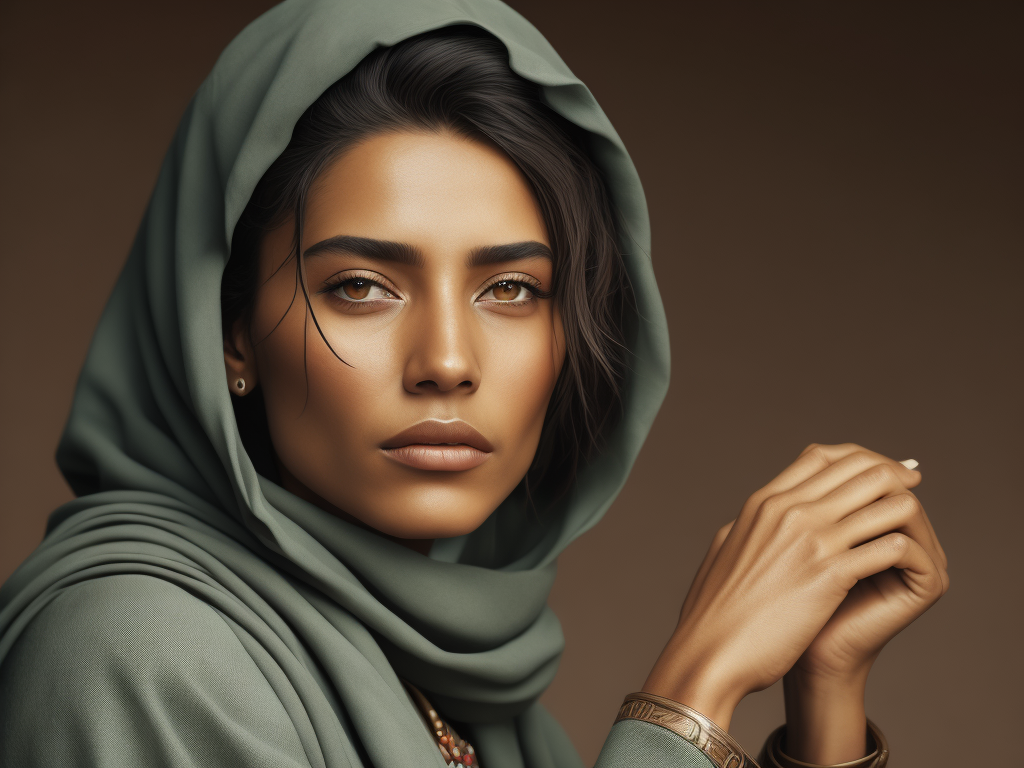a photorealistic image of an Berber woman from the Bible,National Geographic style, she has a noise ring piercing, face line minimalist tattoos, side view, crossed hands, brown eyes, olive skin, she wears see green and blue wrinkled linen tunic, tanned, hair flowing in the wind, extremely detailed, realistic face, natural skin texture, extremely detailed skin with skin pores, peach fuzz, wearing red linen clothes, Israeli beauty, award winning photo, nikon d850 film archival photography, extremely detailed, amazing, fine details, rich color, texture hyper realistic, spectacular lighting, unreal engine, trending on artstation, 3 4 body view, realistic photo, RAW photo, high quality, high resolution, sharp