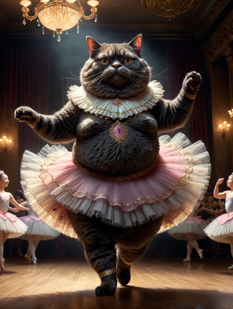 жирный кот в балетной пачке танцует балет