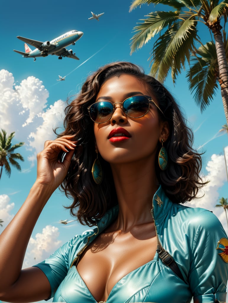 Pin up art, portrait, a black woman raised her head up, looks at the sky, sunglasses, one airplane flies in a clear sky and leaves a mark, summer, palms around, palms reflected on a sunglasses, turquoise shades, style by Gil Elvgren