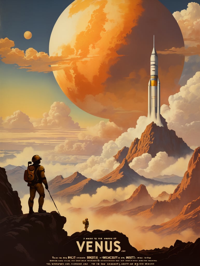 Ein Vintage-Reiseplakat für Venus im Hochformat. Die Szene zeigt die dicken, gelblichen Wolken der Venus mit der Silhouette eines sich nähernden alten Raketenschiffs. Geheimnisvolle Formen deuten auf Berge und Täler unter den Wolken hin. Der untere Text lautet: „Explore Venus: Beauty Behind the Mist“. Das Farbschema besteht aus Gold-, Gelb- und sanften Orangetönen und erweckt ein Gefühl des Staunens.