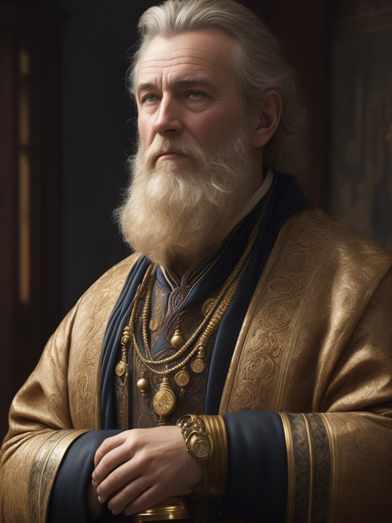Portrait of a Russian navigator living in the 1400s, Afanasy Nikitin, fair-haired curly beard, blond hair, age 60, dressed in a painted caftan, holding a spyglass