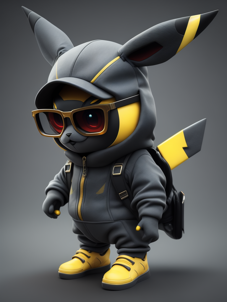 cute stylish Pikachu dressed in stylish futuristic sportswear clothes, big sneakers and a futuristic glasses