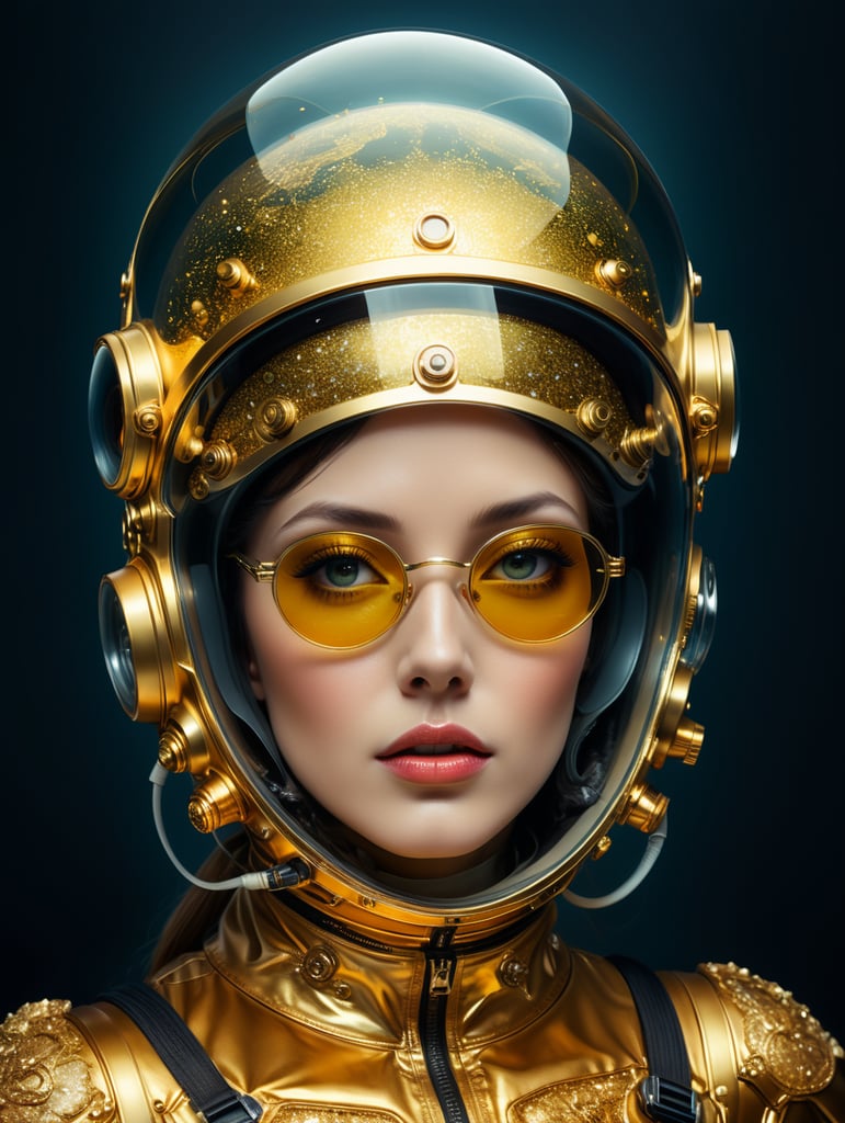 Photography on santorin planet, 60's gorgeous astronaut woman in an glitter transparent gold astronaut spacesuit wearing a large transparent plexiglass helmet glasses, 80 degree view, art by sergio lopez, natalie shau, james jean and salvador dali