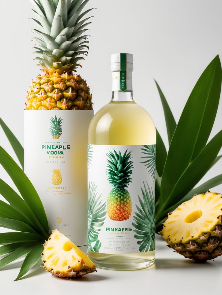 Packaging and branding for a pineapple vodka brand as if it had been designed by HI ESTUDIO with In a set design with pineapple, pineapple leaves, mockup