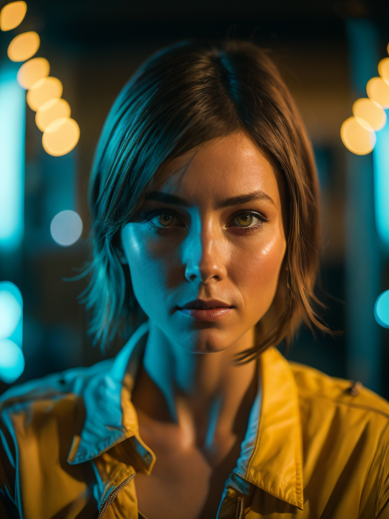 a women looks on the camera, yellow side lighting, focused gaze, canon 50 lens, focus on the face everything else is in blur, the blade runner scene.