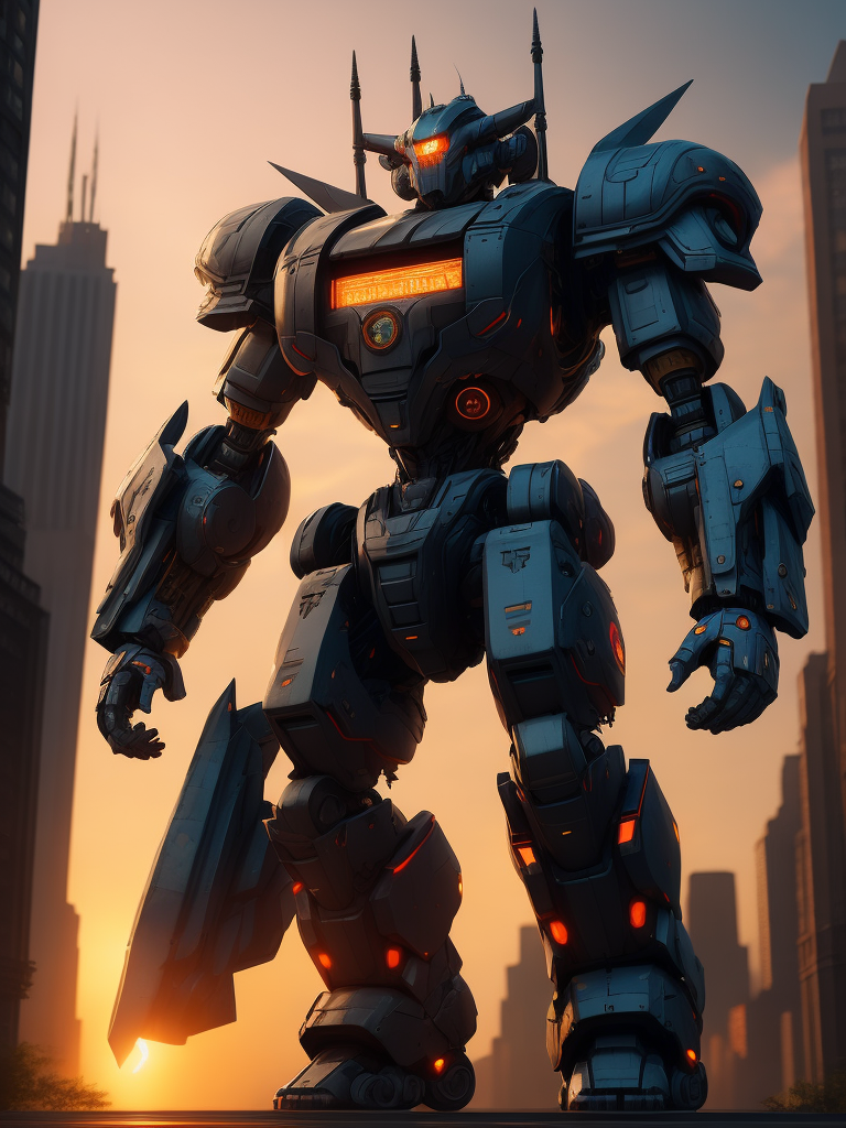 Giant mecha robot made of pieces of an antique building, hyper realistic, incredibly high detail, colorful, dramatic lighting, sunset, city skyline, new york, city lights