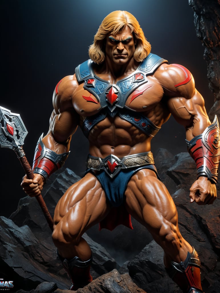 Create a He-Man Action figure in a dramatic superhero pose.