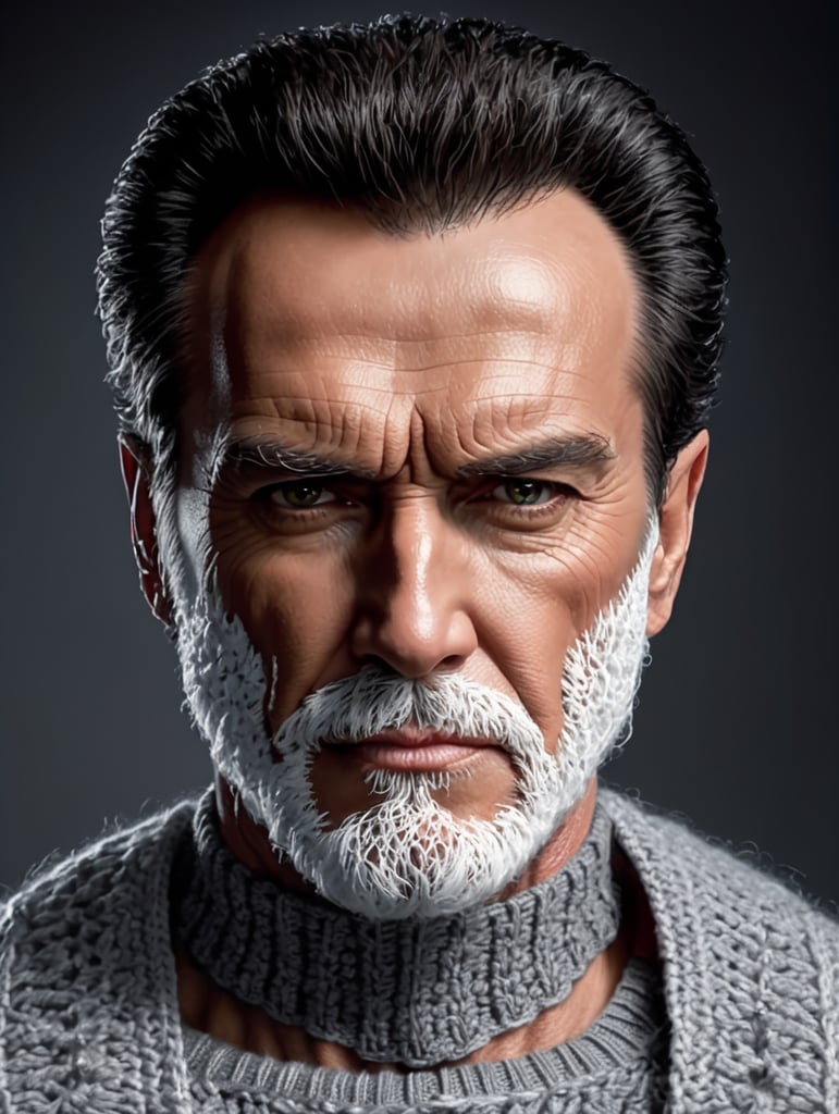 a terminator t-800 wearing very hirsute crocheted sweaters for sheeple, portrait