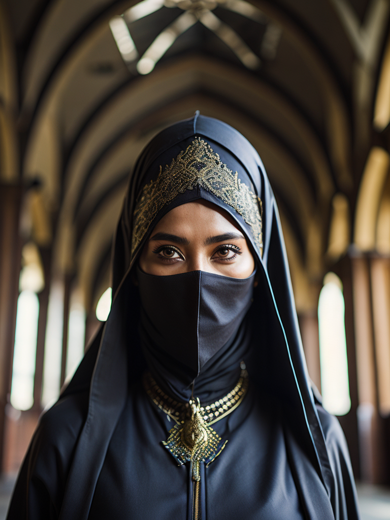 hyper-realistic, ultra-detailed photograph of indonesia white woman with arabic niqab fashion black cloak and some crows flying behind, Dark Renaissance ottoman mosque background, photo realistic, golden jewelry, dark, sunlight fractal details, depth of field, HOF, hall of fame, detailed gorgeous face, apocalyptic environment, natural body posture, professional photographer, captured with professional DSLR camera, trending on Artstation, 64k, ultra-detailed, ultra-accurate detailed, bokeh lighting, surrealism
