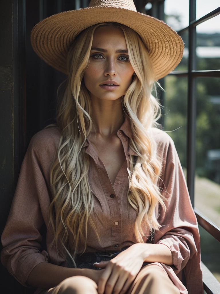 look at camera portrait of elegant woman with long blond hairstyle, sitting on the balcony, in a light summer dress in a straw hat, in the style of movie still, y2k aesthetic, light bronze and dark amber, romantic charm, blink-and-you-miss-it detail, elegantly formal