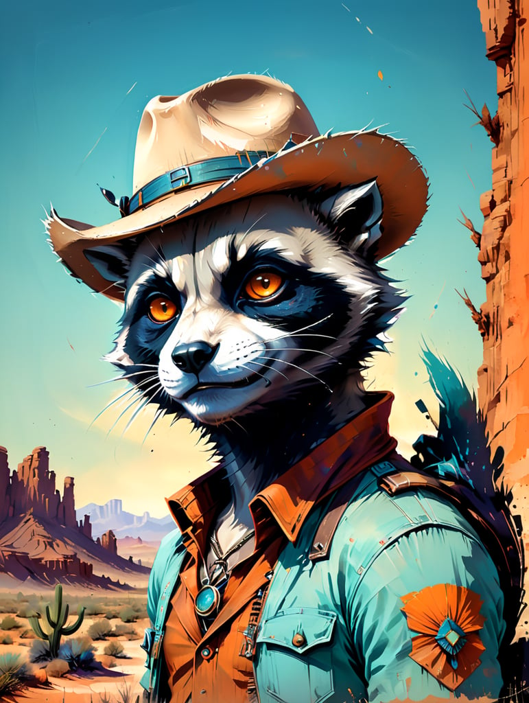 Cheeky racoon. Eye winking. dressed as a cowboy in a desert country and western setting