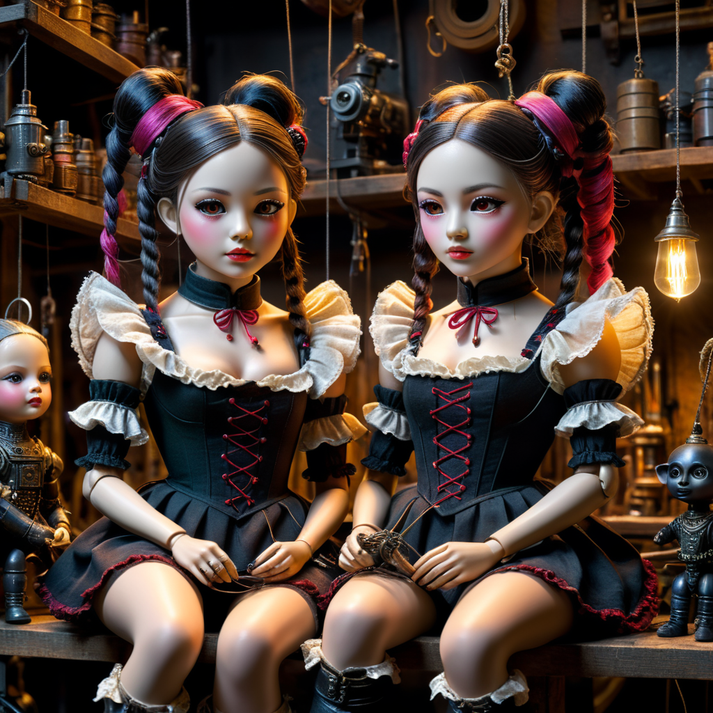 Two 3D puppet dolls, with strings attached to arms and hands, dressed in frilly clothes, pigtails, sitting in a toy makers workshop, vibrant by artist "Henry fuseli", "Mia Makila", "Sylvia Ji, dystopian surrealism