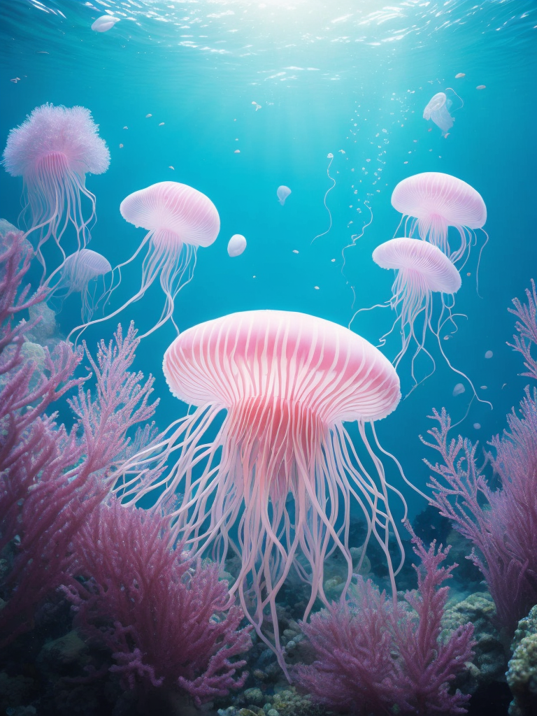 Neon jellyfish swimming in the sea against the background of corals and marine fauna, ultra realistic, super highly detailed,