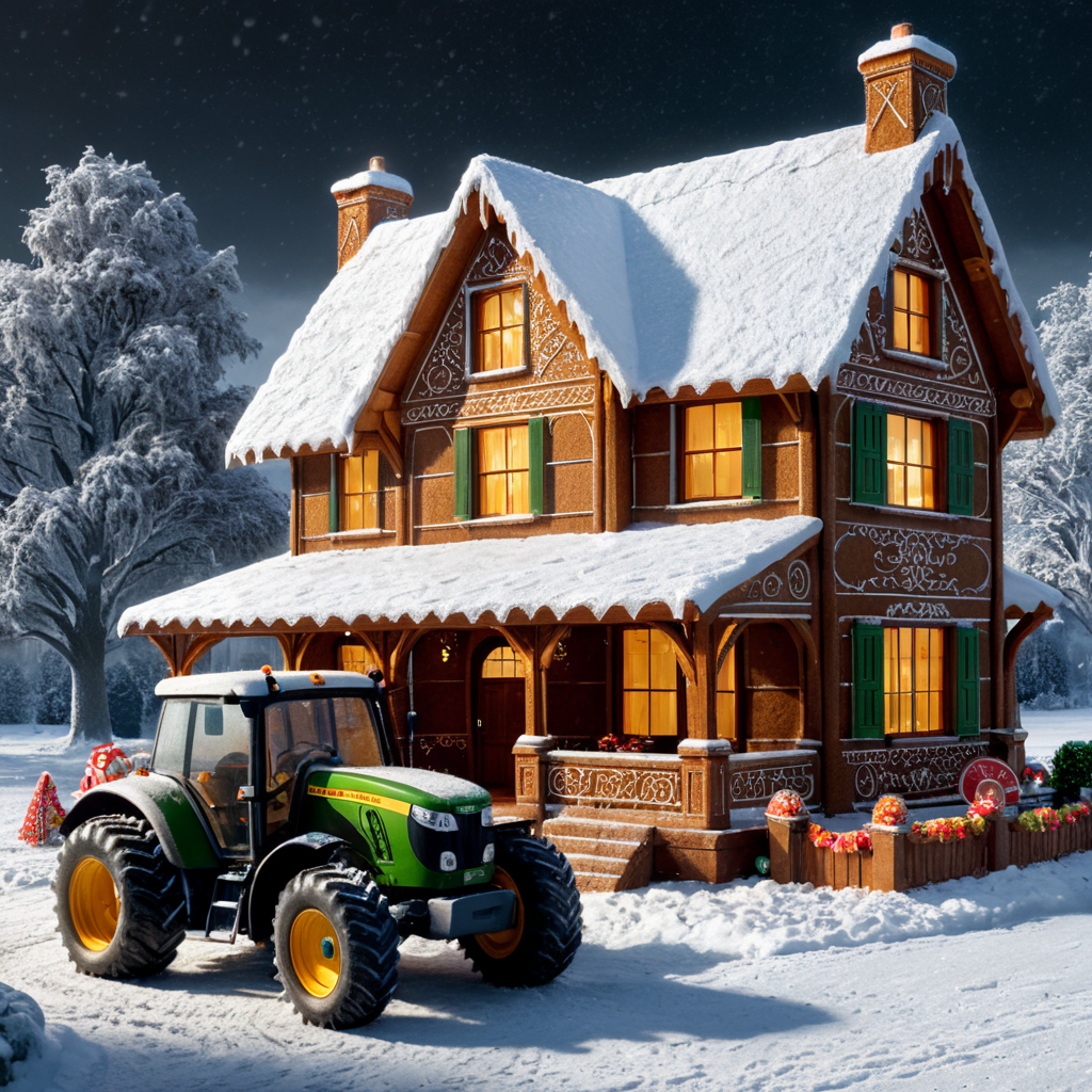 Small ginger bread house and a parked tractor outside. A man with a roll of house plans outside. For sale sign. Its also snowing.