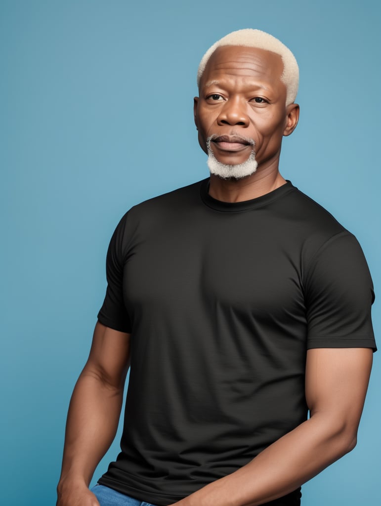 A middle-aged African albino man wearing a black T-shirt, isolated, blue background, mockup, mock up