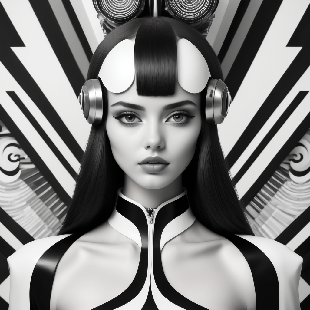 Cute girl model, retro futurist of high fashion, made in symmetrical black and white psychedelic style, black and white beauty, optical illusion, glitch art, flirty, shot on Canon
