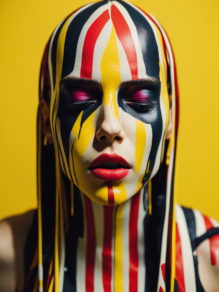 Portrait of a girl with a painted face and paint flowing from her face, closed eyes, yellow background