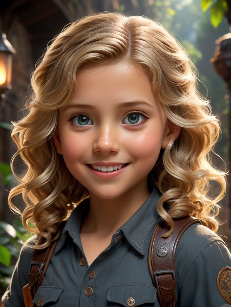 a young girls adventurer similar to Indiana Jones, creative, and kind-hearted person with long, curly blonde hair, big eyes, small nose, and a smiling mouth, standing centered in 3D style, rendered using beautiful Disney animation, Pixar style, Disney style, 3D style