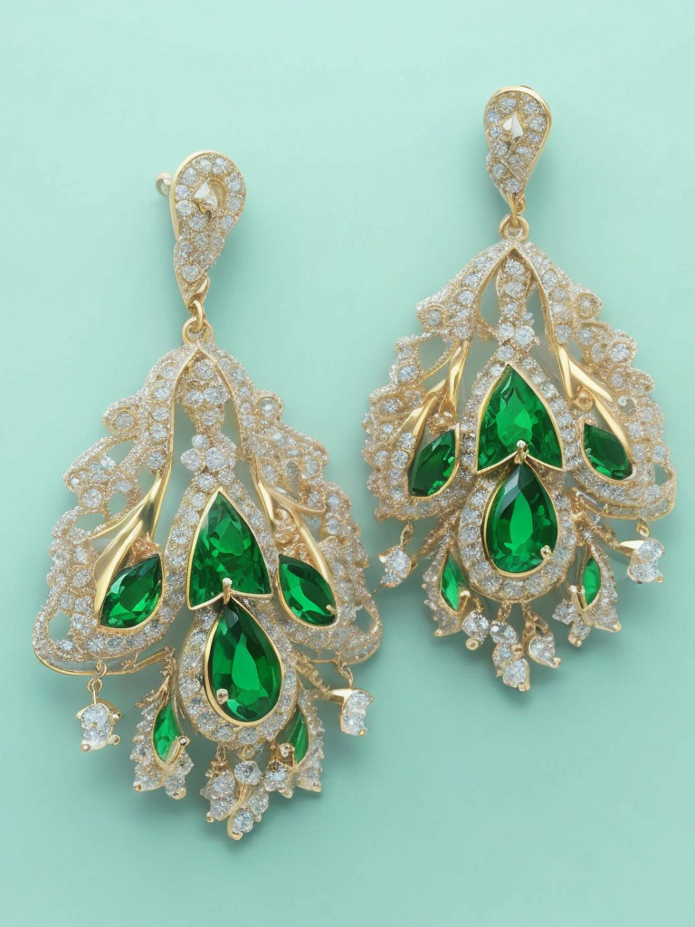 Queen gold jewellery earrings adorned with emeralds, green gradient background, vibrant colors, high detail, contrast light, sharp focus