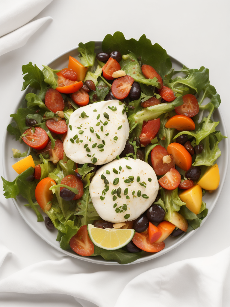 plate with salad, top view, on white tablecloth, sharp on details