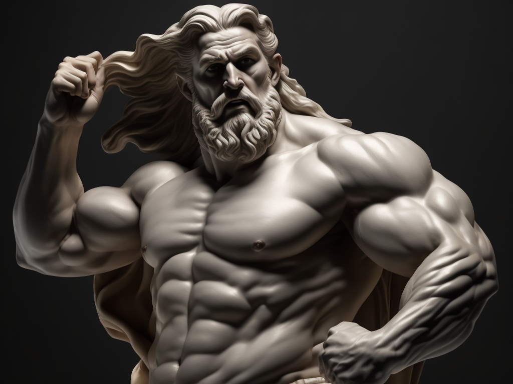 A realistic portrait white greek marble statue of a zeus, black background, moody, angry, photorealistic, movie scene, super detailed, hyperrealistic, full body, rage face