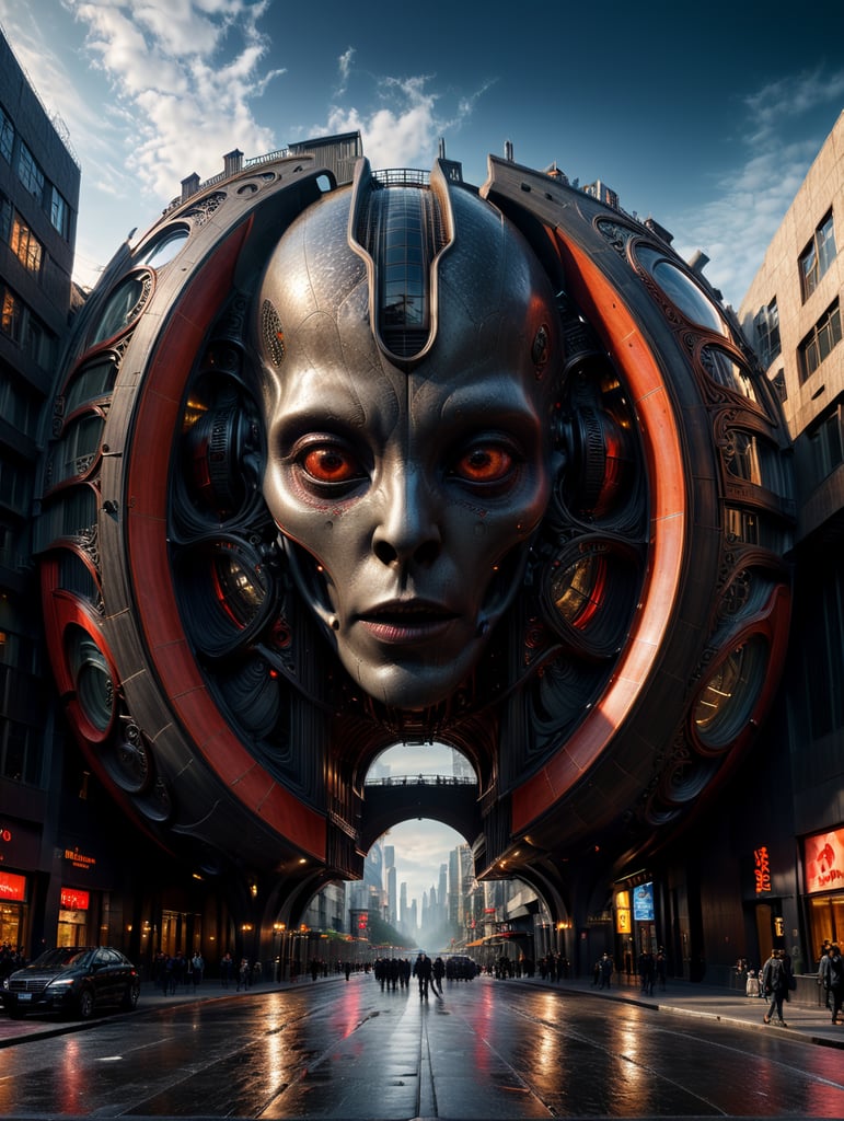 the craziest, bentwood, far view lens architectural modern style hyper realistic hyper detailed neocosmic exterior architecture design of a alien Fluid complex facade, geometric shapes spectrum, black::1 red:3, Antoine Blanchard architecture art style, in new York city, dramatic ambient, natural lighting