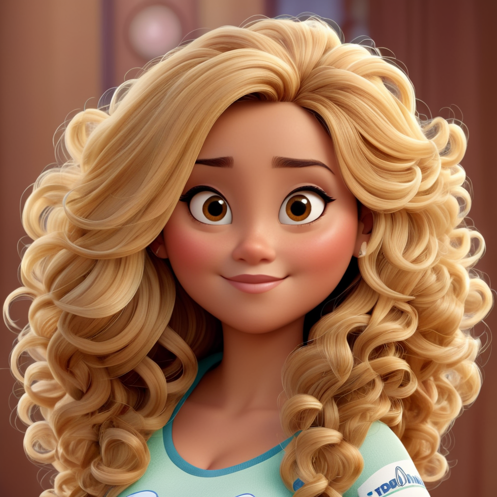 A brown mid size woman, latin American, long soft curly hair, blond hair, Disney Pixar style