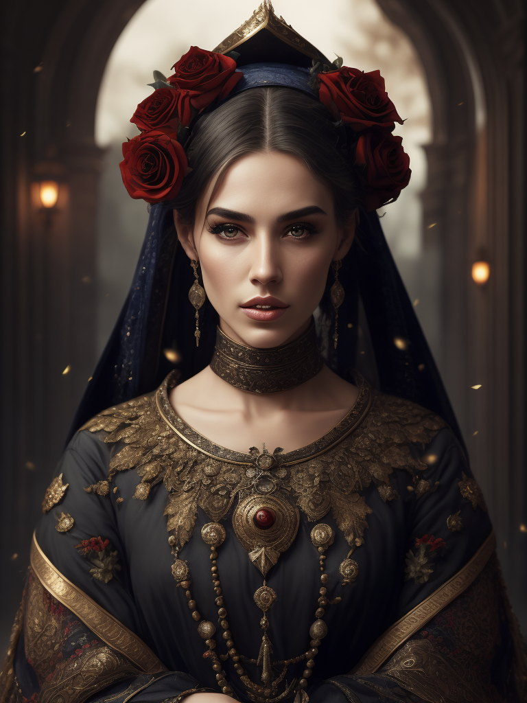 Portrait of a Beautiful women from Russian fairytale wearing traditional costume everything around black roses, deep atmosphere