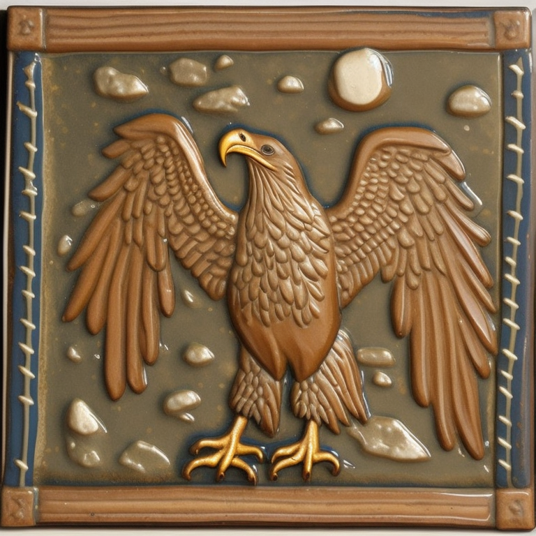 photo of medieval ceramic tile, eagle, simple design, art on tale, glazed
