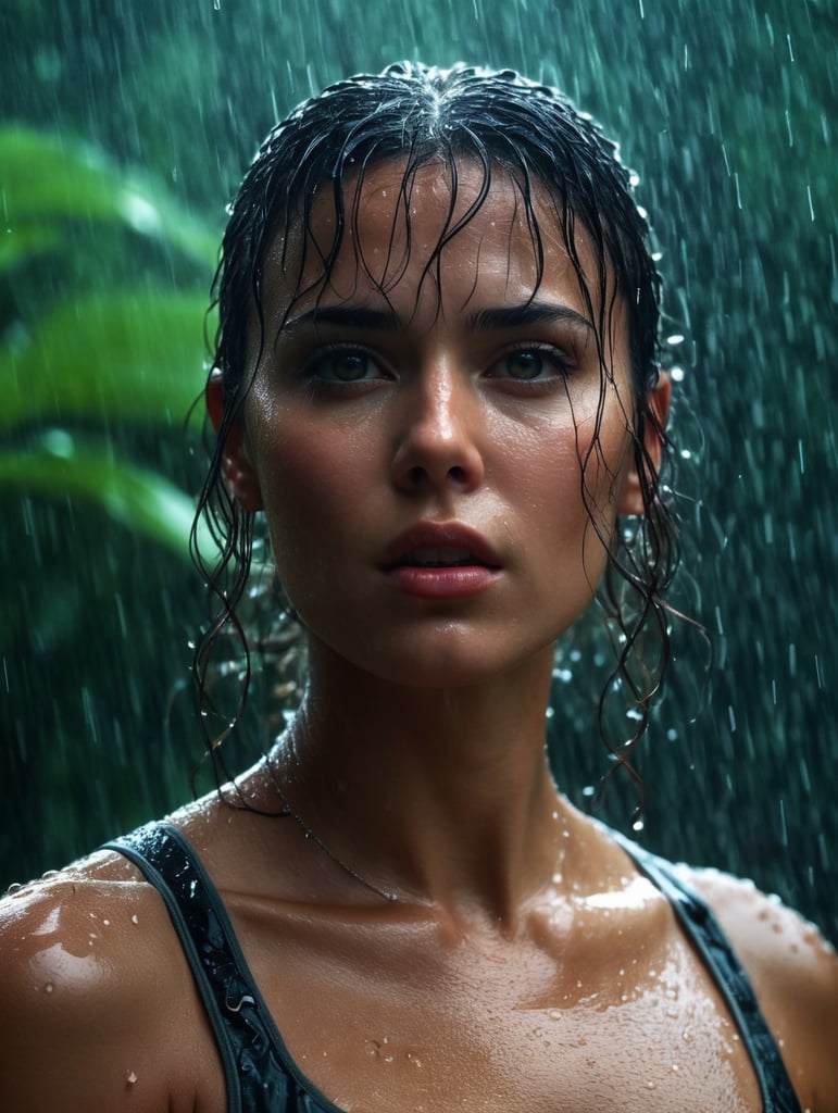 head and torso photograph of a beautiful fashion model in the rain, messy (wet:0.7) hair, soaking wet, intense expression, piercing gaze, (glistening wet skin:0.9), athletic pose, (Nikon f4, 50mm f1.2, Fujichrome Velvia 50, bokeh), (ominous tropical rain forest, ambient light, volumetric light, god rays:1.2), (masterpiece:1.1), (highest quality:1.1), sharp focus, (HDR:1.0), (from side:0.6), detailed, realistic, 8k uhd, high quality ultra-detailed, high quality, high contrast