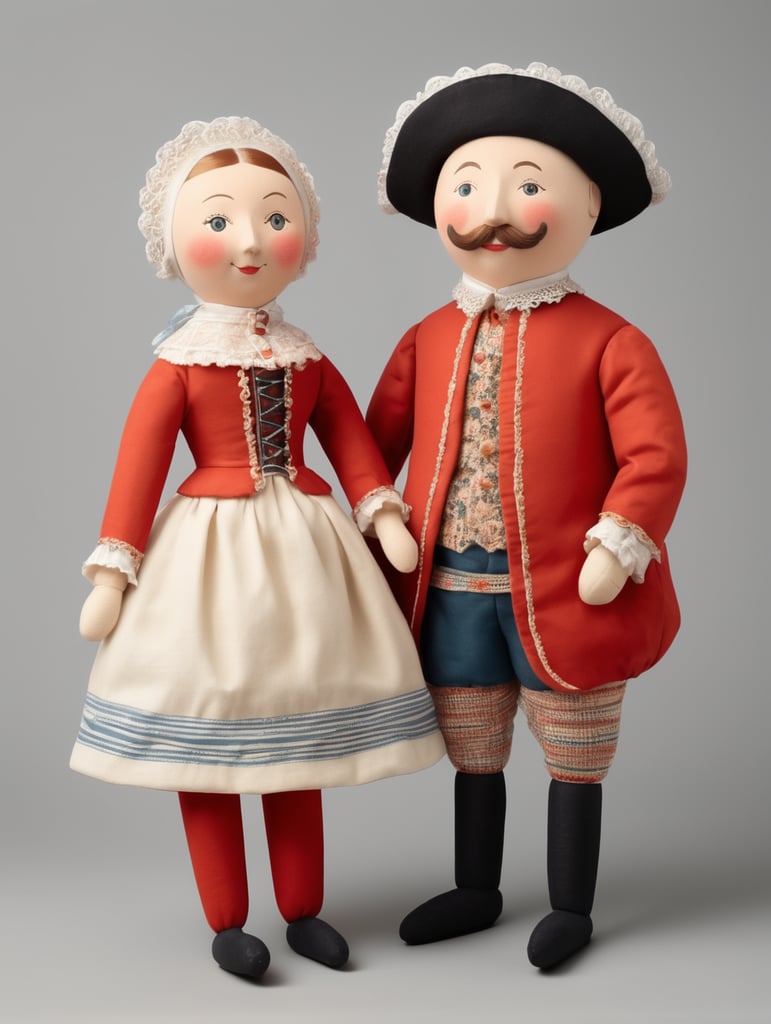 A pair of anthropomorphic dolls in the style of Dutch tradition, soft sculpture, historical subjects, Danish design, folklore theme, colorful caricature