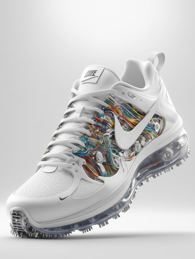 Nike sneakers made out gears, wires, mechanical, electronics, pcb, hyper-realis, futurist, stunning unreal engine render, product photography 8k, hyper-realistic. surrealism