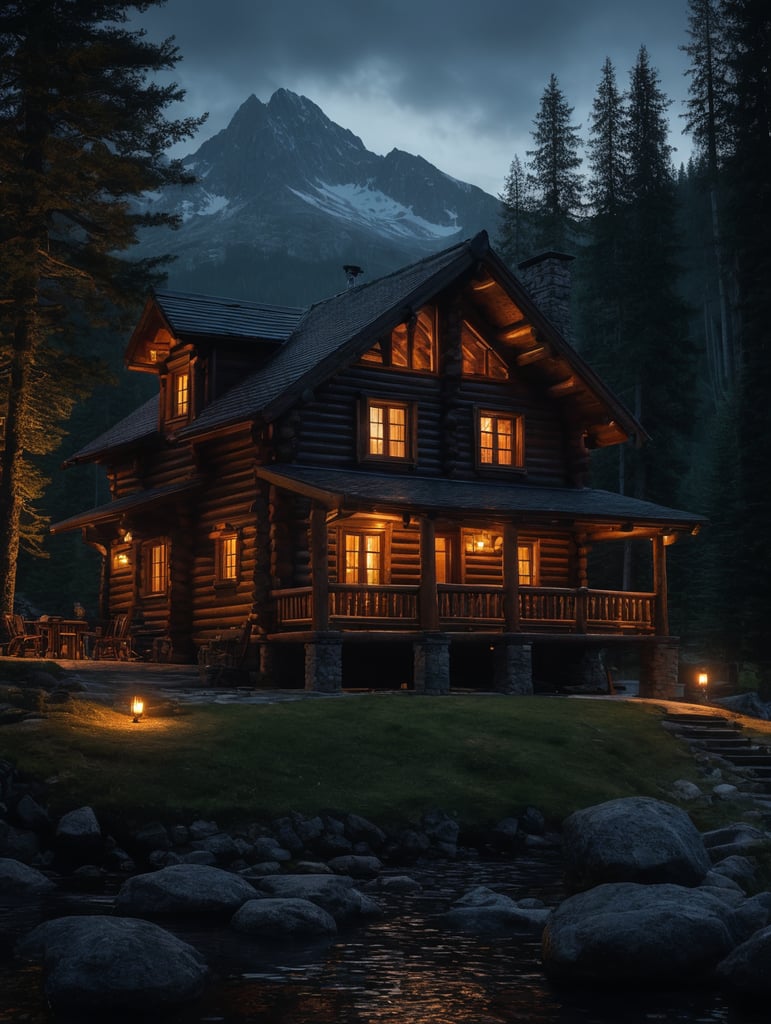 Professional evening photo of a small and cozy Log mountain cabin, mountains, lake, forest