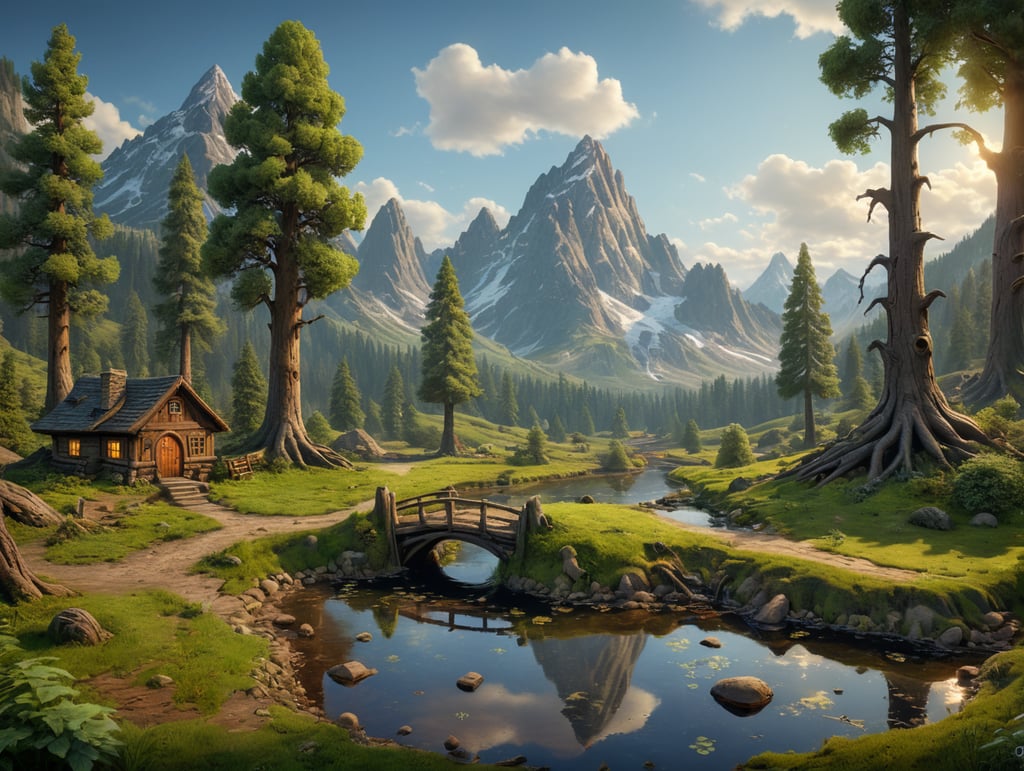 Simple cartoon nature scene with mountains and trees in the background and a small pond in the middle ground one tree on the right side in the middle ground and one tree on the left side in the foreground a small pond in the middle, a short hollow log in front of the tree on the right and a patch of dirt in front of the tree on the left