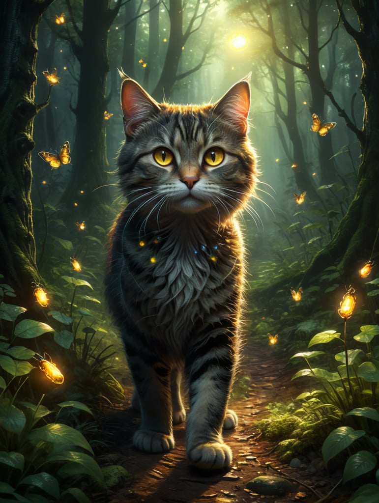 Cute cat walking in the mysterious woods. Mysterious light. Fantasy mysterious background. Fireflies. Cartoon style