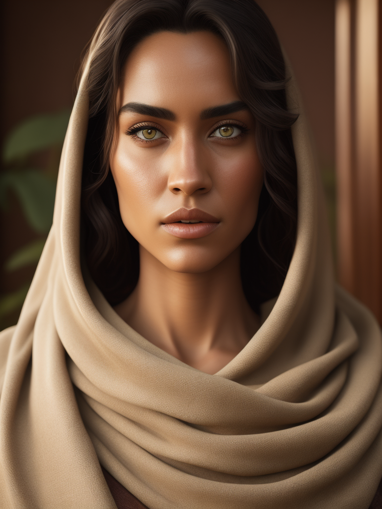 a photorealistic image of Mary from the Bible, green eyes, olive skin, tanned, extremely detailed, realistic face, natural skin texture, extremely detailed skin with skin pores, peach fuzz, wearing linen clothes, Israeli beauty, award winning photo, nikon d850 film archival photography, kodak portra 400 camera f1.6 lens, extremely detailed, amazing, fine details, rich color, texture hyper realistic, spectacular lighting, unreal engine, trending on artstation, looking at viewer, realistic photo, RAW photo, high quality, high resolution, sharp
