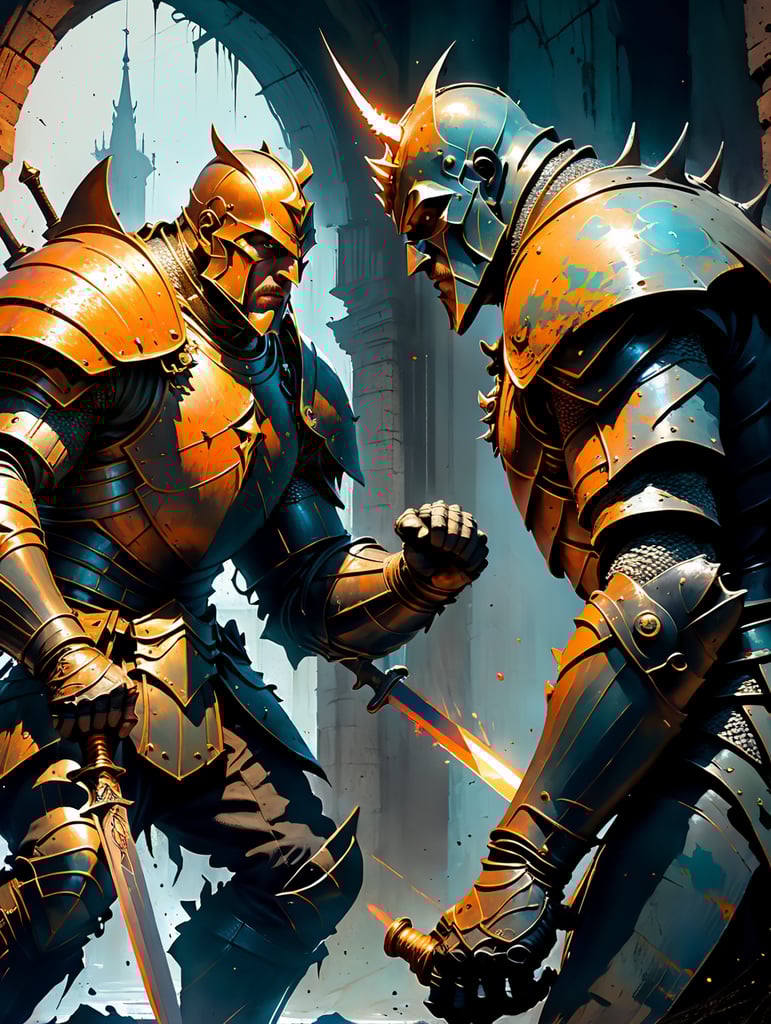 knight about to fight giant monster in dark dungeon in the style of frank frazetta