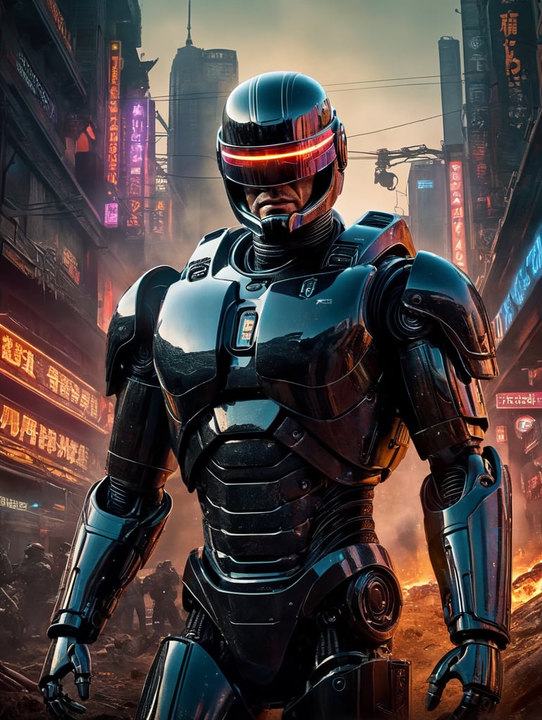 Robocop movie poster, neon style, cyberpunk, futuristic, dirt, noir, fire, energy blast, super detailed, real, deep expression